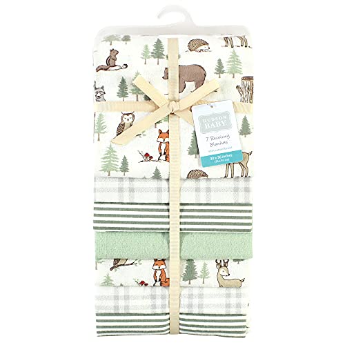 Image of Little Treasure Hudson Baby Cotton Poly Flannel Receiving Blankets Multipack, Green Forest Animals, 30x30 inches