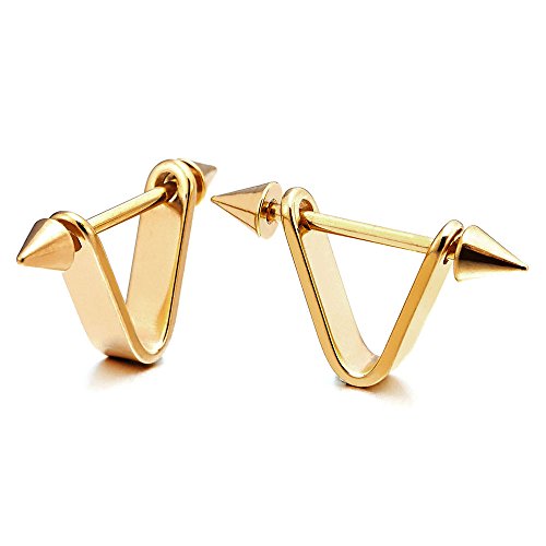 Black Spike Triangle Huggie Hinged Hoop Earrings for Men Women, Stainless Steel, 2pcs