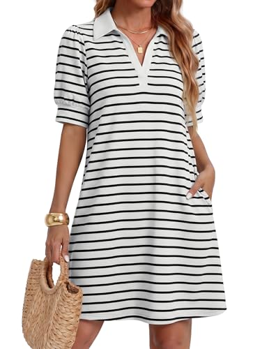 Image of ZESICA Womens Summer Striped T Shirt Mini Dresses 2026 Casual Lapel V Neck Short Sleeve Flowy A Line Beach Vacation Dress