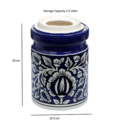 Image of Blue Pottery Hand Painted Mughal Ceramic Storage Pickle Jar for Home, 2 KG