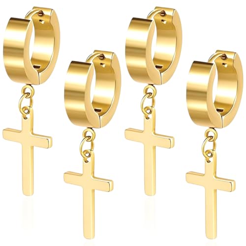 AFCJLTO 2 Pares Pendientes Hombre Acero Inoxidable Pendientes Colgantes con Cruz,Pendientes de los Hombres,pendientes hipoalergénicos para Hombre Mujer(Oro)