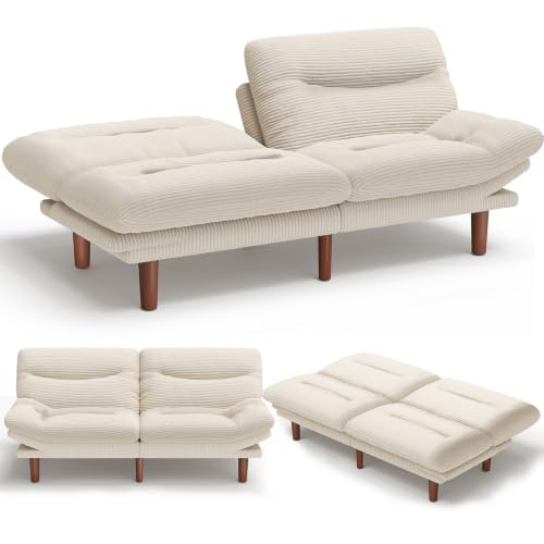 Image of Amada 75 inch Convertible Futon Sofa Bed, Corduroy Folding Futon Set with Adjustable Backrest &Armrests, Recliner Lounge for Living Room, Apartment or Office, Solid Wood Frame, Loveseat Sofa -White