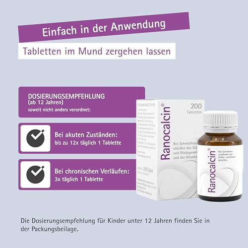 Ranocalcin® bei Beschwerden in Rücken, Schulter, Nacken - unterstützt Knochen, Sehnen, Bänder und Faszien - mit Calcium, Zink, Eisen, Kieselsäure - für Erwachsene und Kinder, 200 Tabletten