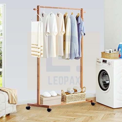 Image of LEOPAX Single Rail Bamboo Rolling Coat Rack with 2 Side Hook Garment Rack with Shoe Storage Shelves - Do It Yourself - Natural Color - Size - (70 x 38 x 145cm) - Bamboo Cloth Rack