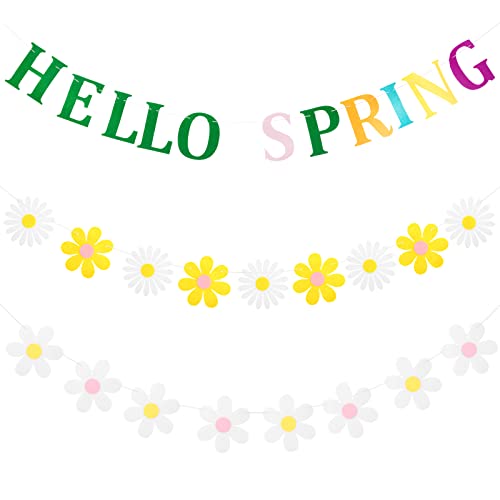 3 Stück Hello Spring Banner Frühling Blumen Banner Girlande Dekoration, Frühling Gänseblümchen Girlanden für Outdoor Indoor Party Hängende Feiern Dekorationen (Frühling) Cover