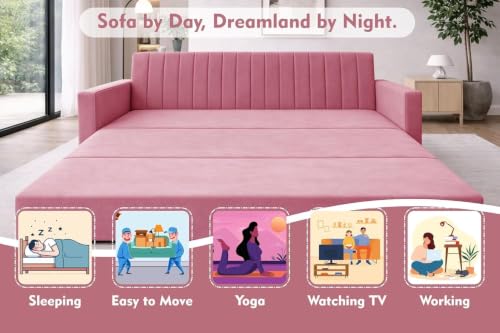 Image of Rosebell Foldable Sofa-Cums-Bed | 3-in-One Convertible Couch with Armrest | Modern Fabric Sofa for Living Room, Bedroom & Office-Rose Pink-Color