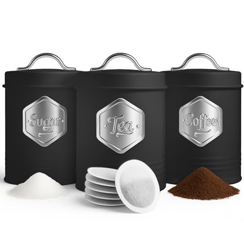 HEFTMAN Black Tea Coffee Sugar Canisters - Stylish 3 Piece Canisters Sets for the Kitchen, Sugar Coffee Tea Storage Set with Airtight, Labelled Containers (3 PCS, Black/Silver)