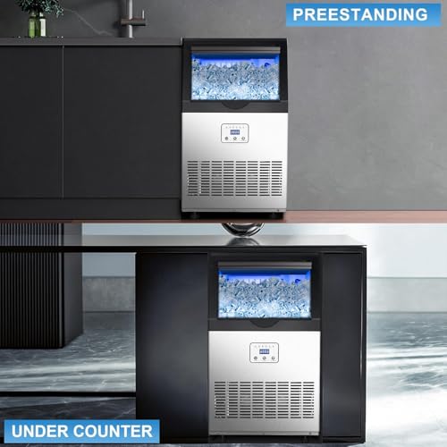 Image of 90LBS /24H Commercial Ice Maker Machine, Undercounter or Freestanding Stainless Steel Ice Machine with 25LBS Storage, 32 Cubes /Cycle, Self-Cleaning & Quiet Operation for Home, Bar, Restaurant