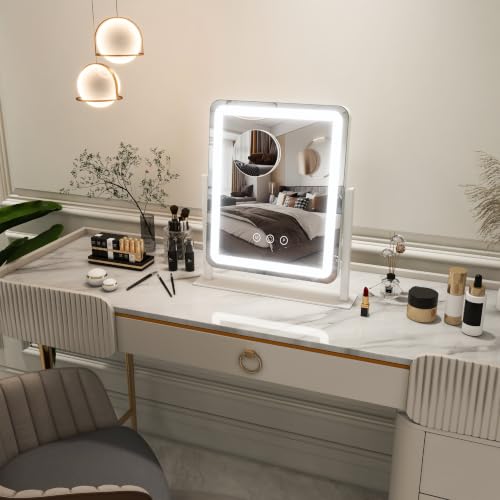 Image of FENNIO Vanity Mirror with Lights - 15 inchx12.6 inch LED Lighted Makeup Mirror, Large Makeup Mirror with Lights, Touch Screen with 3-Color Lighting, Dimmable, for Vanity Desk Tabletop, Bedroom