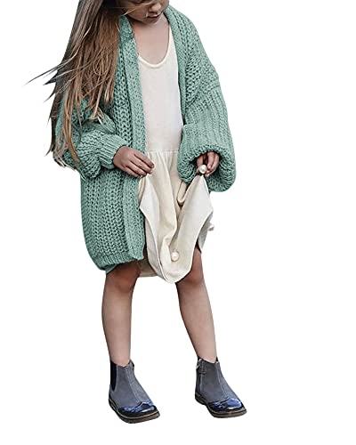 rrhss Girls Open Front Chunky Knit Cardigan Sweater Kids Solid Casual Long Coat Baby Outwear Clothes Lake Green