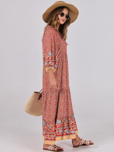 Image of ANRABESS Womens Boho Floral 3 /4 Puff Sleeve Maxi Dress