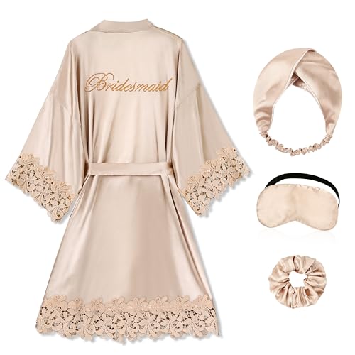 Image of EPLAZA Bride Robe for Wedding Day Set Bridal Robe Lace Trim Silky Embroidery Satin Kimono for Bridal Party