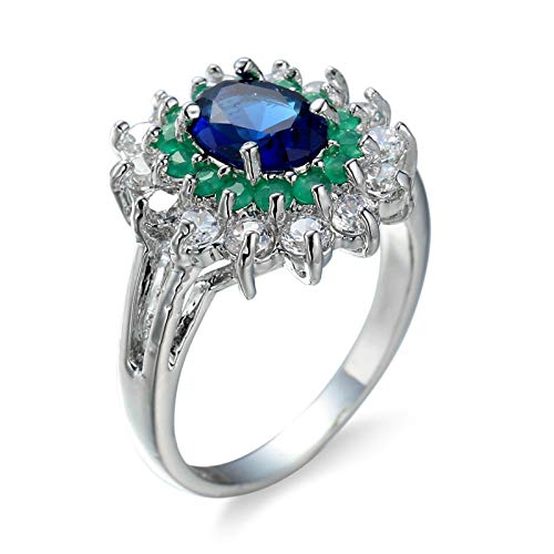 EoCot Fashion Engagement Rings for Women, 925 Silver Plated Flower Luxury Ring Oval Shape Blue Cubic Zirconia Woman Ring Size 10