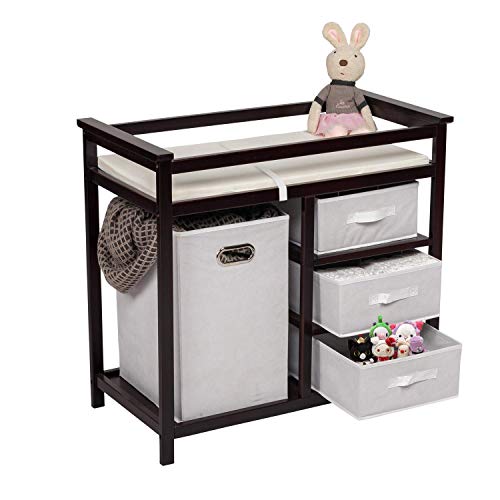 FIZZEEY Baby Changing Table - Baby Changing Table Station w/Drawers, Laundry Hamper Organizer, Changing Table Pad, Espresso