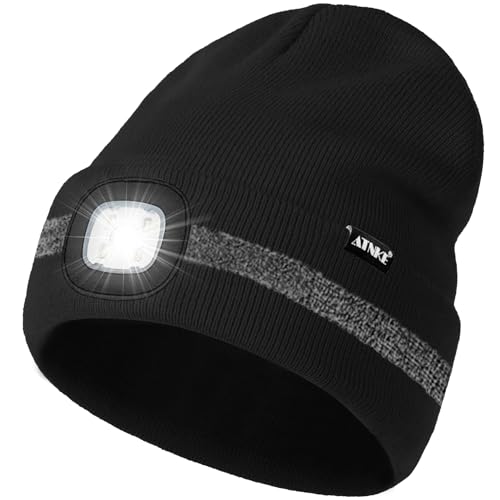 ATNKE LED Gorro con Luz, USB Recargable 4 LED Luz Gorra para Correr Super Brillante Manos Libres Invierno Cálido Punto Gorro con Reflectante Raya Regalos para Hombre y Mujer/Black