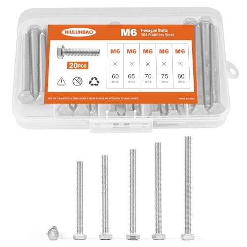 Image of M6 x 60mm 65mm 70mm 75mm 80mm Heavy Duty Hexagon Bolts Hex Head Screws, 304 Stainless Steel, Metric, Machine Fully Thread, Bright Finish, Assortment Kit 20PCS