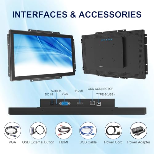 Image of Multi-Touch Industrial Touch Screen Monitor 18.5 Inch Multi-Touch Open Frame Display, 1366x768 IP65 Waterproof IK08 Impact-Resistant Monitor with HD-MI VGA Port, 16:9 Black