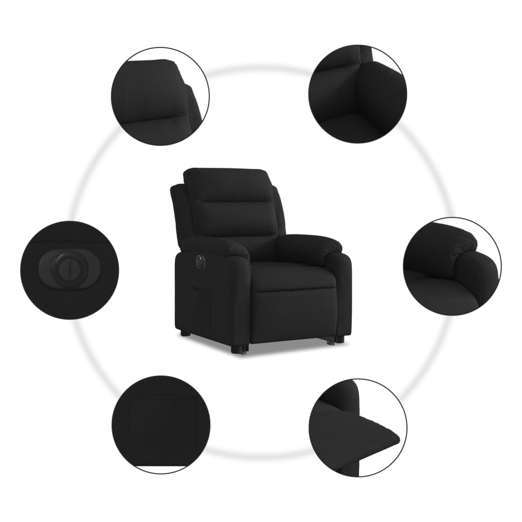 Sillón de relax con función reclinable eléctrica y ayuda para levantarse en tejido negro, respaldo de 135 grados y práctico bolsillo lateral, adecuado para hasta 110 kg