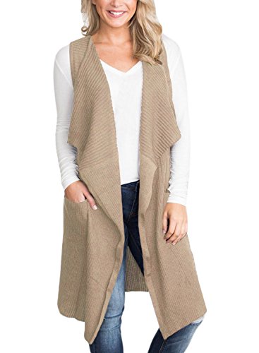 BLENCOT Women's Plus Size Long Khaki Cardigans Open Front Sleeveless Sweaters Lightweight Flowy Vest Pockets (US20-22) XX-Large