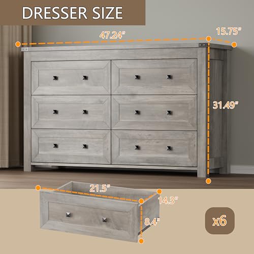 Image of BORNOON 6-Drawer Dresser, Modern Wooden Storage Chest of Drawers, Dresser TV Stand, Wood Drawer Organizer with Metal Handles for Bedroom, Living Room, Hallway