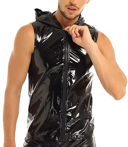 Image of AIEOE Men's Leather Metallic Shirts Shiny Slim Fit Stretch Top Wetlook Club Party Undershirts