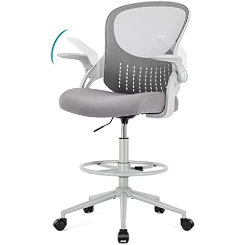 edx Drafting Chair Tall Office Chair, Tall Standing Desk Chair Counter Height Tall Adjustable Office Chair with Flip-up Arms/Wheels, Mid Back Mesh Office Drafting Chairs for Standing Desk, Grey Cover