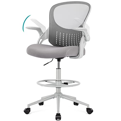 Edx Drafting Chair Tall Office Chair, Tall Standing Desk Chair Counter Height Tall Adjustable Office Chair With Flip-Up Arms/Wheels, Mid Back Mesh Office Drafting Chairs For Standing Desk, Grey #TOP12