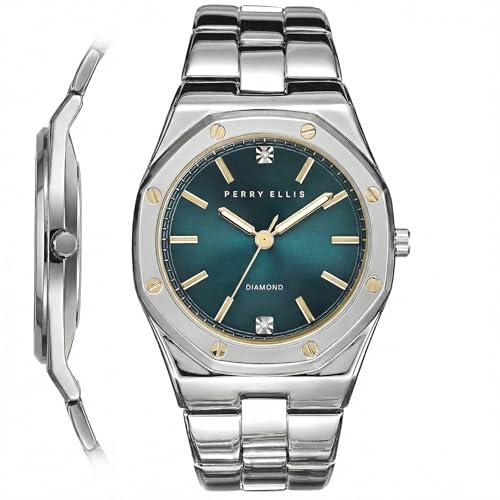 Perry Ellis Ultra Slim Men's Watch – Octagon Silver-Tone, Dark Teal Sunray Dial with Diamond Accents, Gold Faceted Indexes, Stretch Bracelet, Quartz Analog Fashion Accessory
