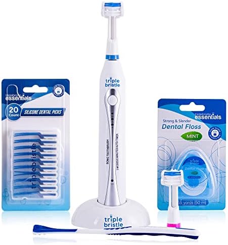 Triple Bristle Original Sonic Toothbrush | Rechargeable 31,000 VPM Tooth Brush | Patented 3 Head Design | Angled Bristles Clean Each Tooth | Dentist Approved | Triple Bristle Original + Oral Care Kit