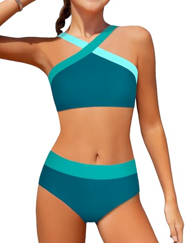 Image of Girls Swimsuits 2 Piece Bikinis Set Colorblock Bathing Suits Criss Cross Strap Girls' Swimwear