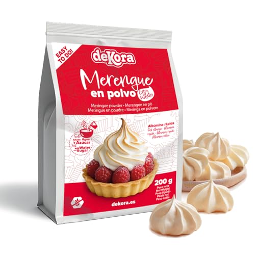 dekora - Merengue en Polvo 200 g Extra White para rellenar y cubrir Tartas y Cupcakes, Albúmina en polvo para repostería Sin Gluten y Sin Lactosa