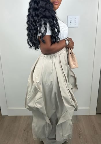 Image of Lucuna Women Balloon Pants Ruffle Fringe Drawstring High Waist Wide Leg Baggy Joggers Parachute Pants