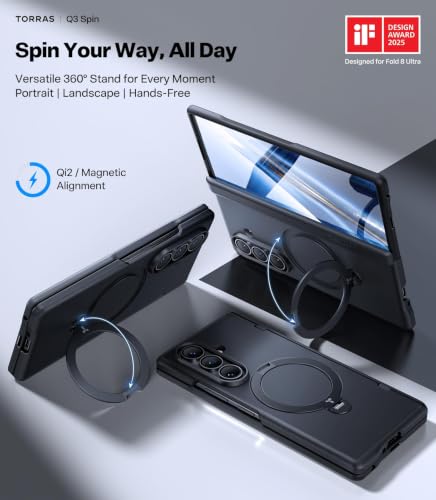 Image of TORRAS Q3 Spin for Samsung Galaxy Z Fold 8 Ultra 5G Case, 360 Magnetic Kickstand, Compatible with MagSafe, Hinge Protection, Shockproof Back Cover with 2 Screen Protectors, Black