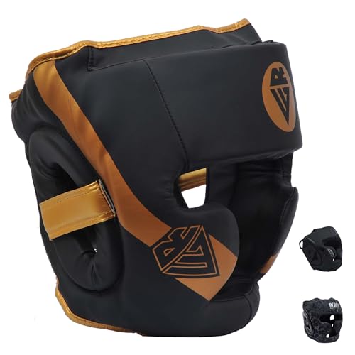 REWON Casco de Boxeo - Protector de Cabeza Boxeo Completo, Cascos Boxing MMA Kickboxing Helmet Combate Grappling Taekwondo Karate Headguard Entrenamiento Hombre Mujere (Dorado, Medium)