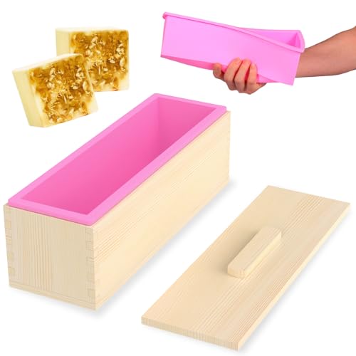 NIPUAEGO Rectangular Soap Mold, Non Stick Loaf Molds Kit with Wooden Box, Tenon Structure 40oz Soap Making Molds, for Homemade Craft DIY Tool, Silicone and Wood (Pink)