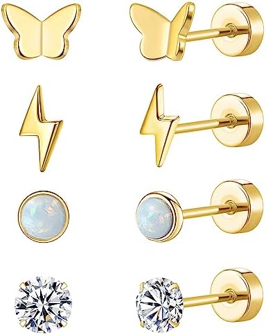MJust Titanium Earrings for Sensitive Ears G23 Pure Titanium Stud Earrings for Women Butterfly Lightning Opal CZ Earrings Titanium Studs Hypoallergenic 20G Flat Back Stud Earrings