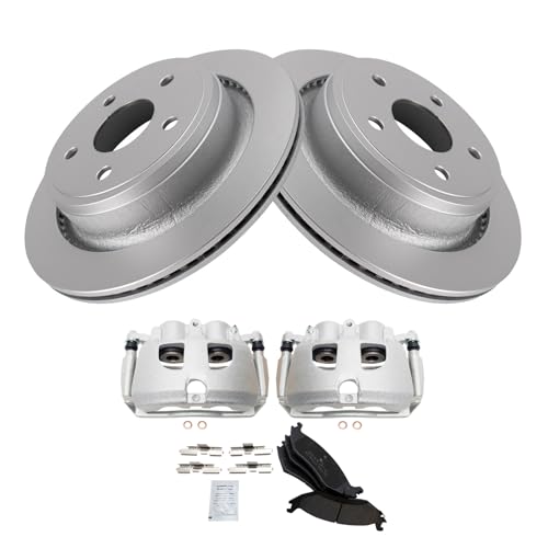 Image of TRQ Rear Brake Pad, Caliper, & Rotor Kit Semi-Metallic Vented Premium G-Coated Compatible with 2012 Ram 1500