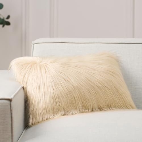 Image of Phantoscope Faux Fur Pillow Cover Decorative Fluffy Throw Pillow Mongolian Luxury Fuzzy Pillow Case Cushion Cover for Bedroom and Couch, Light Beige 12 x 20 Inches