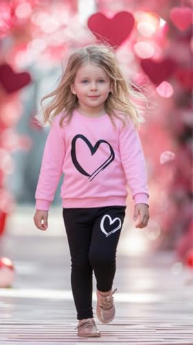Image of Girls Valentine's Day Outfit Heart Love Print Sweatshirt Kids Girls Clothes Set