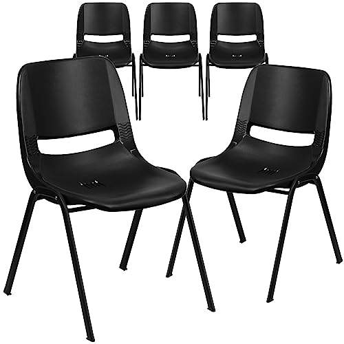 Flash Furniture Hercules Series Ergonomic Lightweight Shell School Chairs, Plastic Stacking Chairs, Set of 5, Black