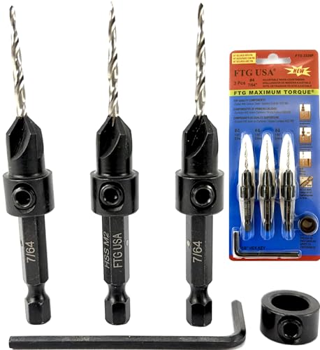 Image of FTG USA #4 (7 /64 inch) Wood Countersink Drill Bit 3-Pc Set with 3 /8 inch Depth Stop