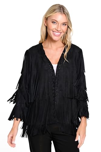 Ali Miles Women's Faux Knit Suede Jacket Fringe Detail Long Sleeve