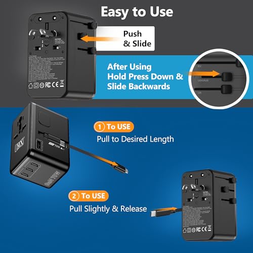 Image of MX GaN 70W Universal Travel Adapter with Retractable 54cm USB-C Cable, 3 USB-C Ports & 1 A Port, 1 Universal Socket, 6-in-1 Fast Charging International Adapter, Type A /C /G /I Output 200+ Countries