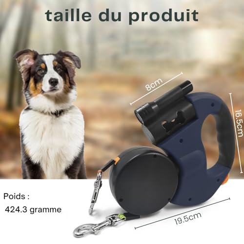 AVOID Doppelte Hundeleine Große Hunde 3M - Reflektierende Leine Hund, 360° Drehfunktion Mit Taschenlampe Und Taschenspender, Hundeleine 3M, Automatische Einziehbare Rollleinen