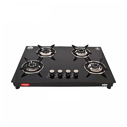 Khaitan 4 Burner Phantom Black Hobtop, Automatic Ignition Toughened Glass Top Open Cooktop Gas Stove With 1 Year Warranty