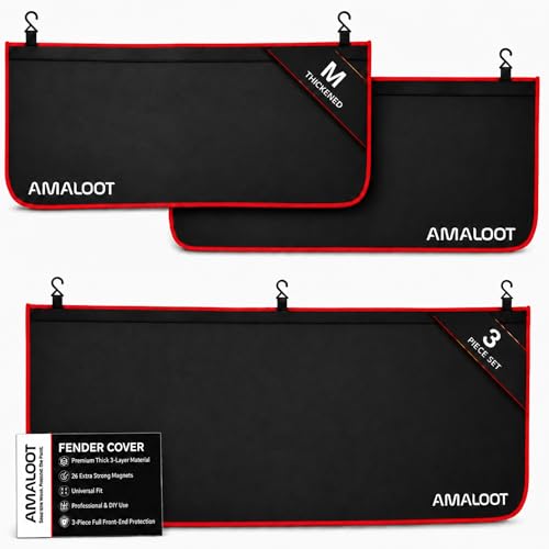 AMALOOT 3Pcs Thick 3-Layer Magnetic Fender Covers for Mechanics Car Fender Protector with 26 Heavy-Duty Magnets Automotive Fender Cover for Cars Trucks SUVs Mechanic Fender Cover Mat Size M