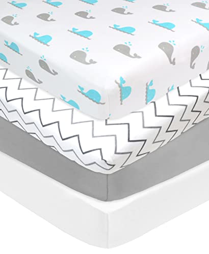 American Baby Company 4 Pack Fitted Crib Sheets 28" x 52", Soft Breathable Neutral 100% Cotton Jersey Sheet, Gray Zigzag/Aqua Whale/Gray/White, for Boys and Girls, Fits Crib and Toddler Bed mattresses