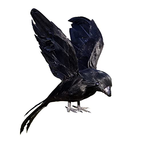 Abirdflyer 6.67 Black Feathered Crow Realistic Crows Handmade Artificial Birds for Halloween Prop Decor Spooky Party Home (Black Flying Crow 1PCS)