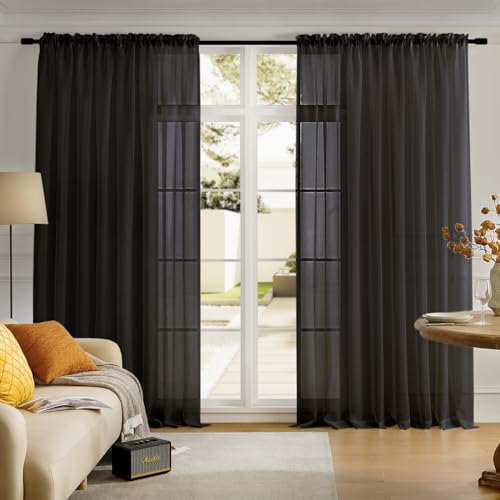 Image of MYSTIC-HOME Sheer Curtains Black 95 Inches Long, Window Treatments Rod Pocket Drapes for Living Room, Bedroom, Semi Crinkle Extra Wide Curtains for Yard, Patio, Villa, Parlor, 108 inchx 95 inch, 2 Panels