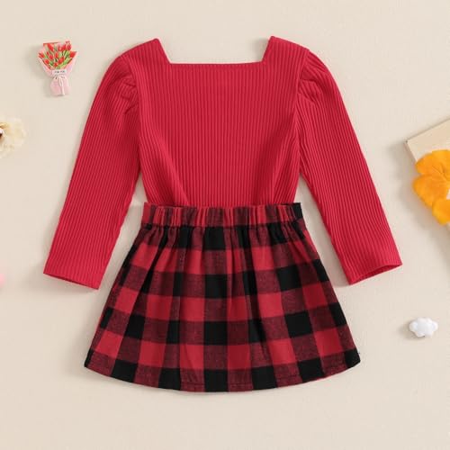 Image of BeQeuewll Fall Winter Toddler Baby Girl Clothes 2Pcs Long Sleeve Ribbed Knit Shirt Plaid Skirt 1T 2T 3T 4T 5T Girls Dress